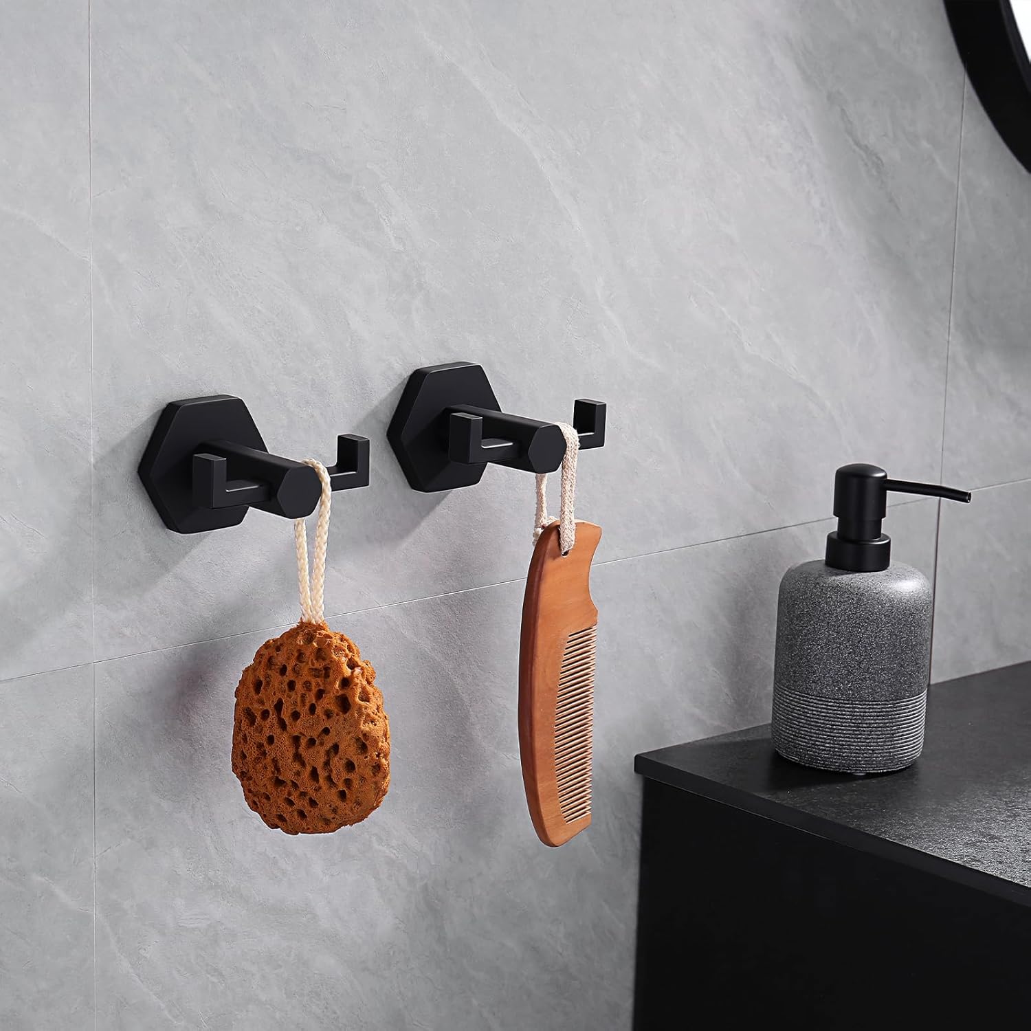 GERZWY Matte Black Coat/Robe Clothes Hook for Bath Kitchen Modern Hotel Style, Stainless Steel Bathroom Double Towel Hook Wall Mounted 2 Pack