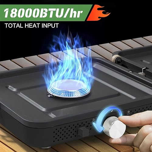 Miniatura 4 de Estufa de camping de propano de 2 quemadores con plancha y bolsa de transporte, estufa de campamento de propano portátil con 2 quemadores ajustables