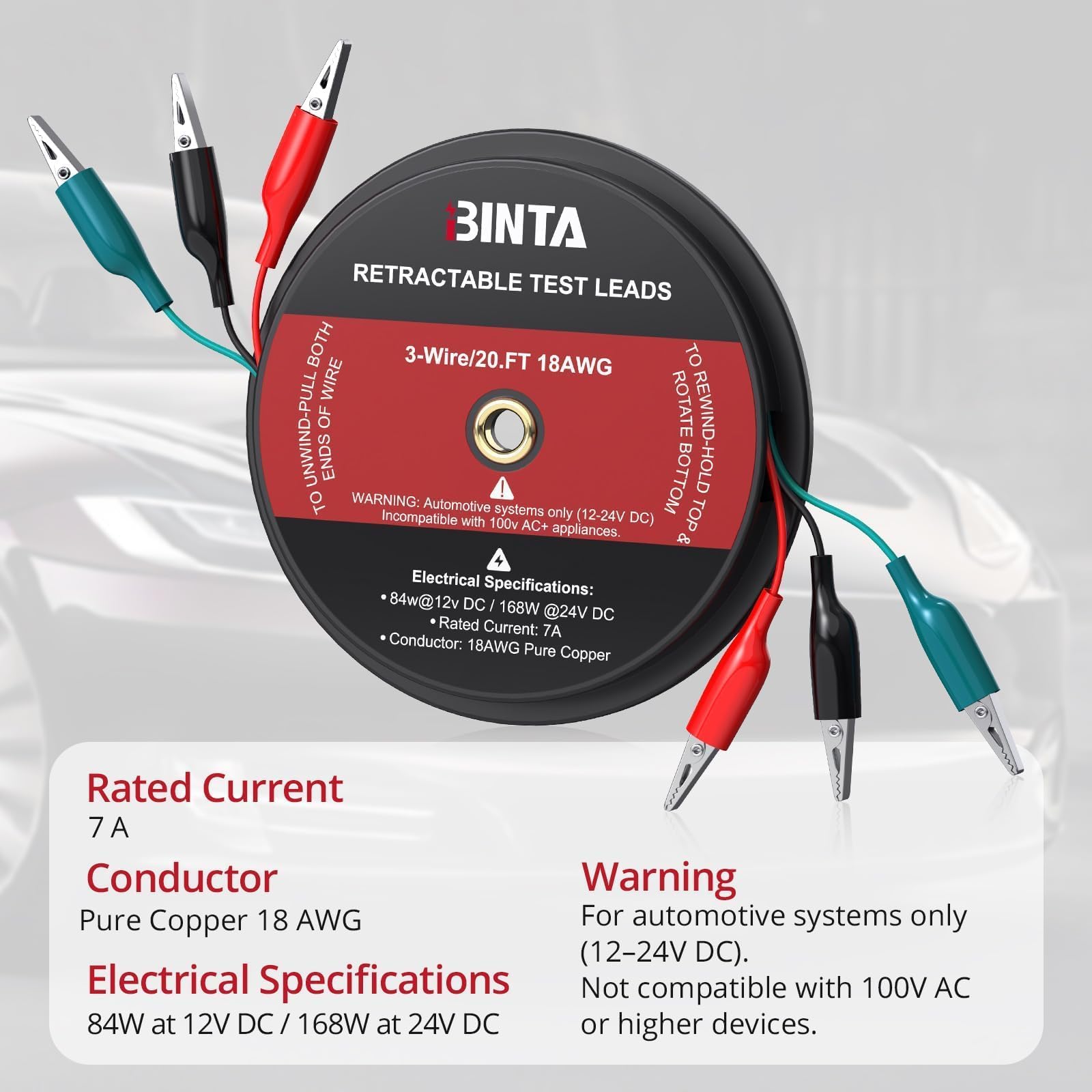 BINTA 3 Wire 20 Ft Retractable Test Leads, Red/Black/Blue Alligator Clips — Amazon image 3