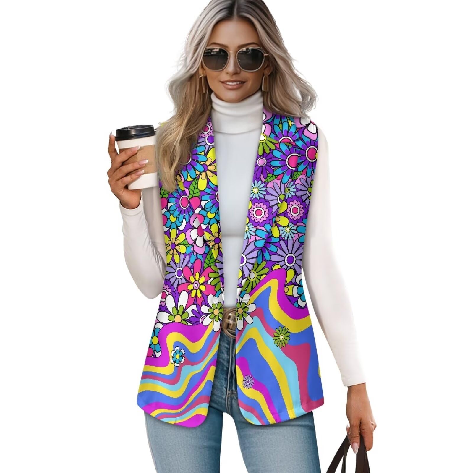 POLERO Womens Blazer Vests Printed One Button Waistcoat Vest Suit Vests for Casual Work Office