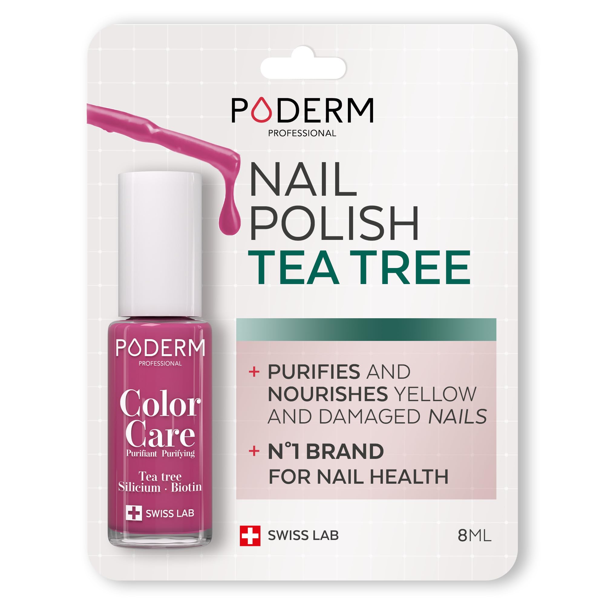 PODERM - Nail Polish – Enriched with Tea Tree – Improves nail appearance – Ingredients Natural/Vegan - foot/hand - Swiss Made (Raspberry Pink)