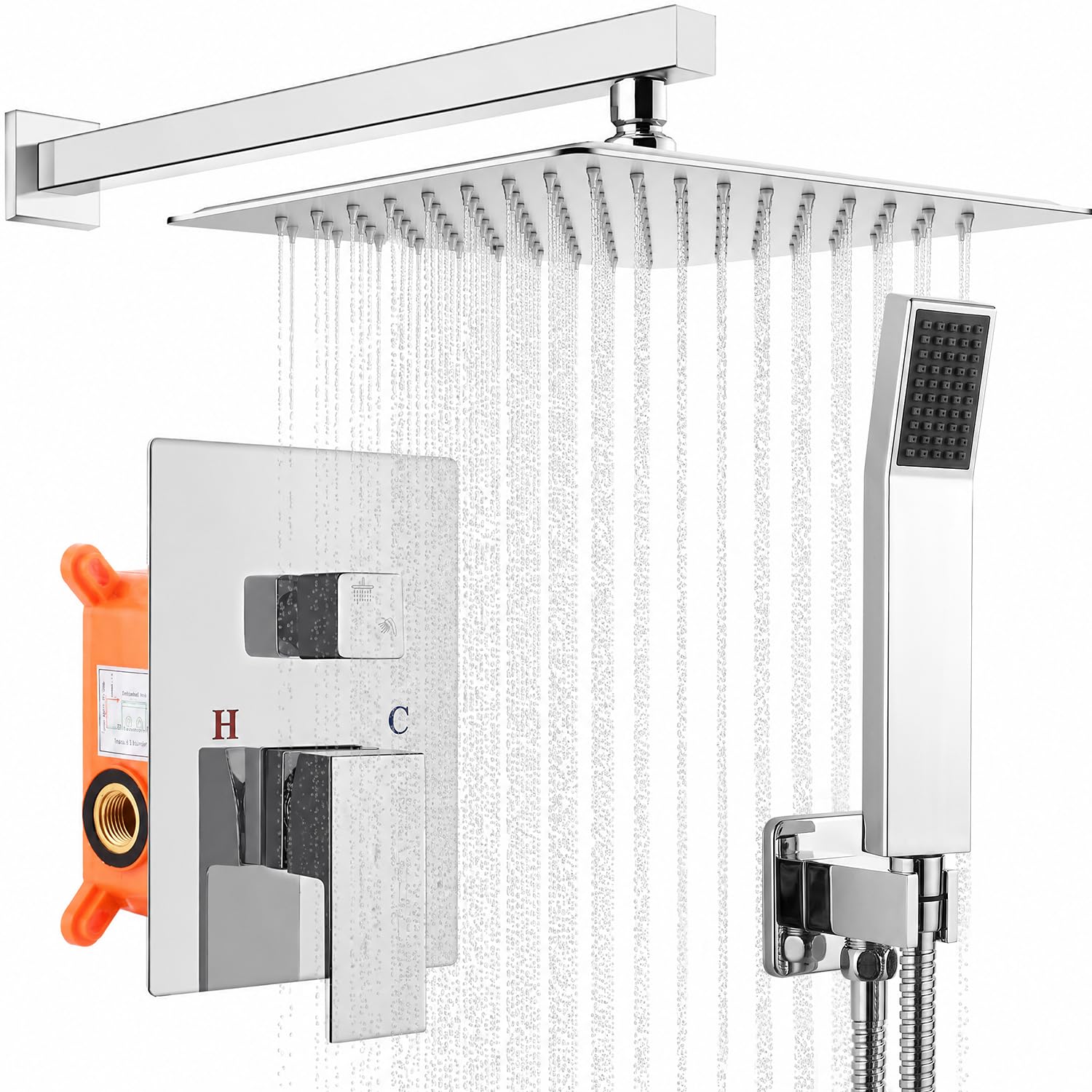 Colonne de Douche Encastrée, Ensemble de Douche Encastré, Chromé | Kit Douche Encastrable avec Tête de Douche Carrée 25x25cm- Laiton & Acier Inoxydable