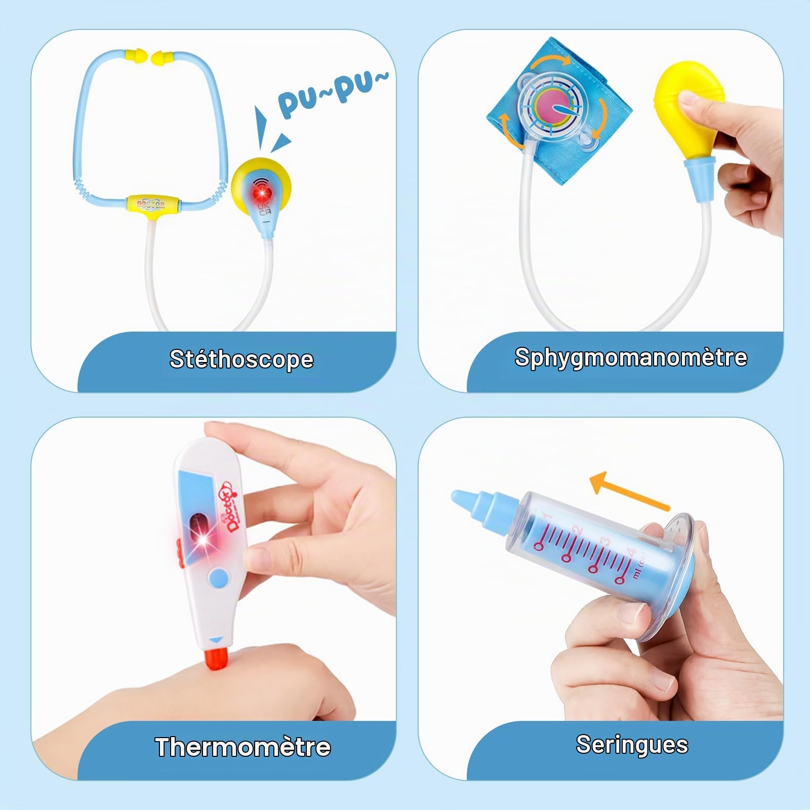 deAO Malette Docteur Enfant Kit avec Sons et Lumière, Stéthoscope Réel Bleu | Médecin Jouets Déguisement de Docteur Accessoires avec Sac de Médecin Portable Thermomètre, Kids Jeu de Rôle pour Dentiste
