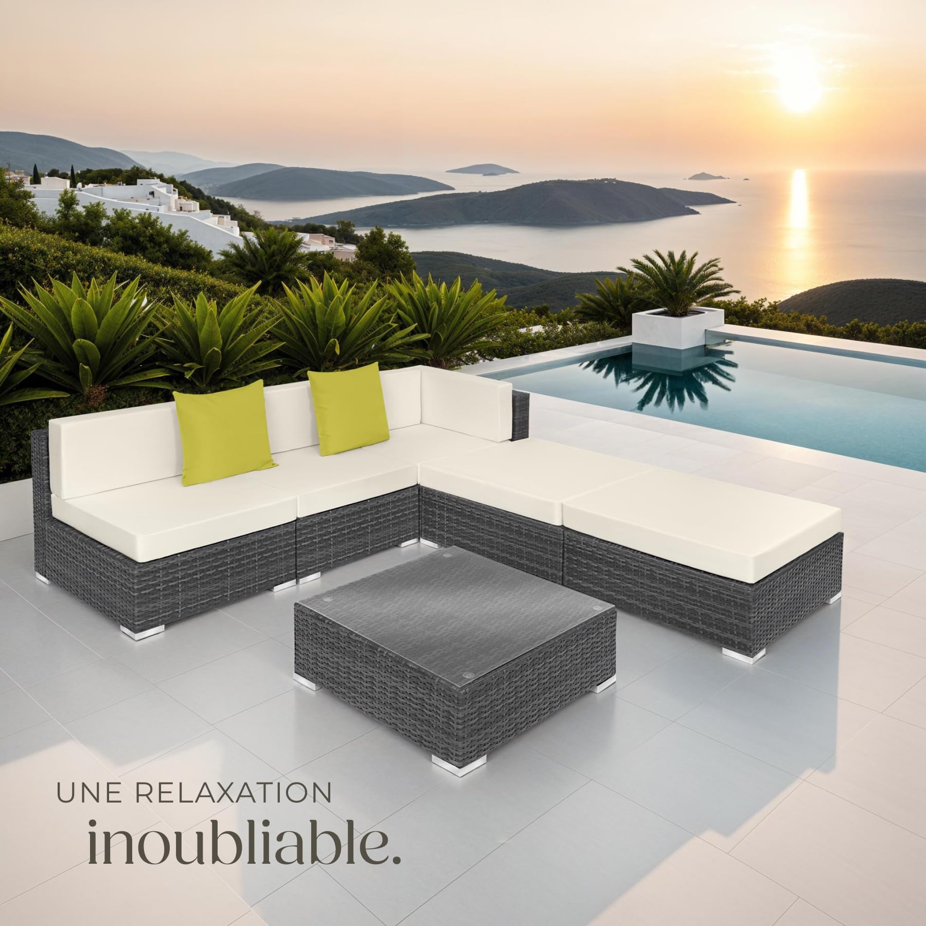 tectake® Ensemble Salon de Jardin Exterieur XXL en Poly Rotin Modulable Canapé 5 Places 3 Fauteuil Salon 2 Tabouret Pouf et 1 Table de Jardin, Mobilier de Jardin pour Amenagement Balcon Terrasse