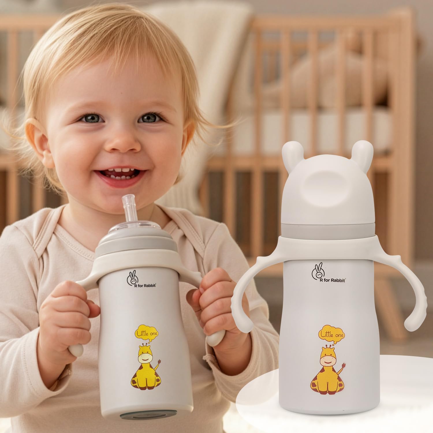 R for Rabbit Steebo Tiny Tales Premium Stainless Steel Straw Sipper for Baby, Leak & Spill Proof BPA Free Soft Silicone Straw Drinking Sipper Bottle for Baby Boy & Girl of 6+ Months (270ml, Beige)