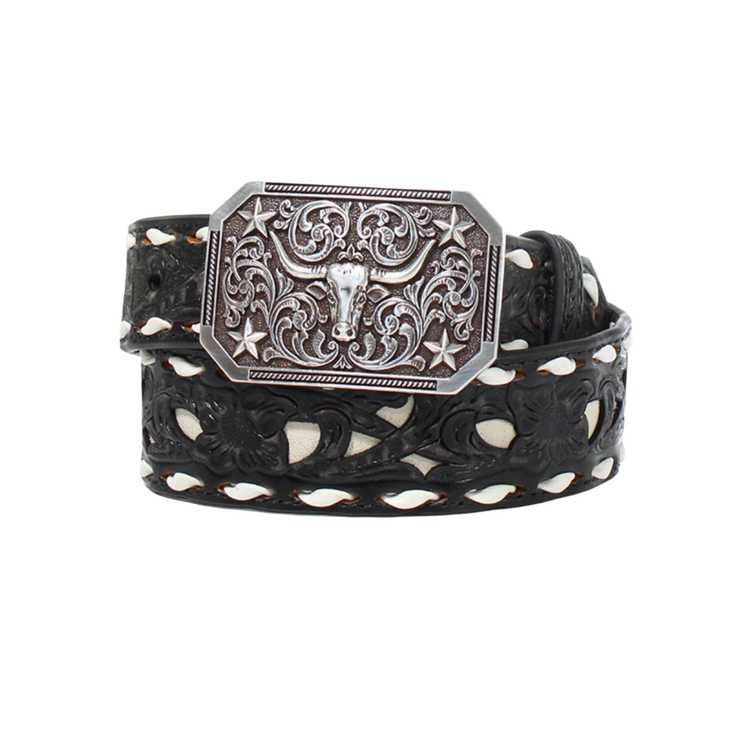 3D Boy's Buck Lace Floral Belt, Size 30, Black