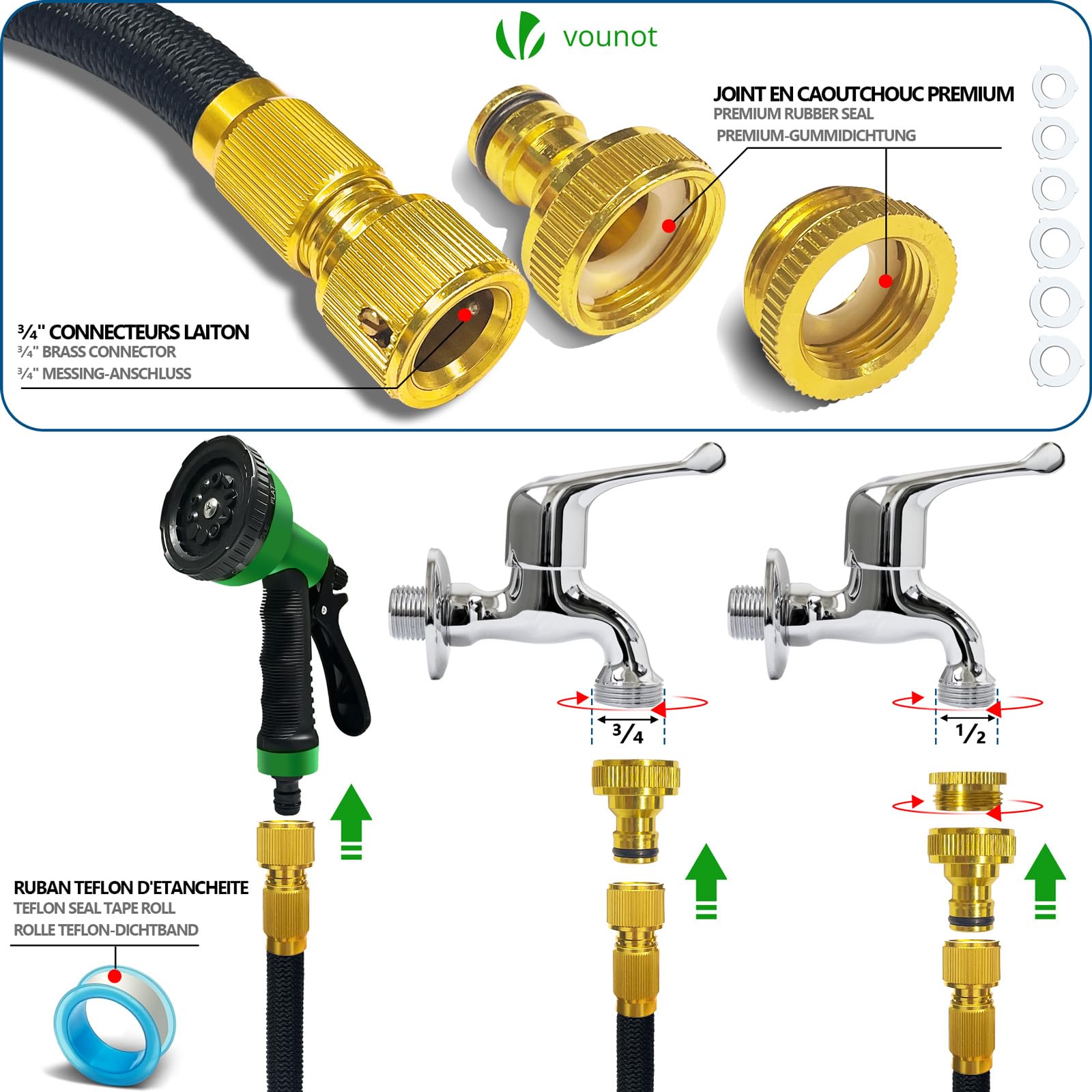 VOUNOT® Manguera Extensible 30m, Manguera Flexible Jardín con Pistola Rociadora de 10 Funciones, Conectores de Latón de 1/2 y 3/4 Pulgadas Bolsa de Almacenamiento, Negro