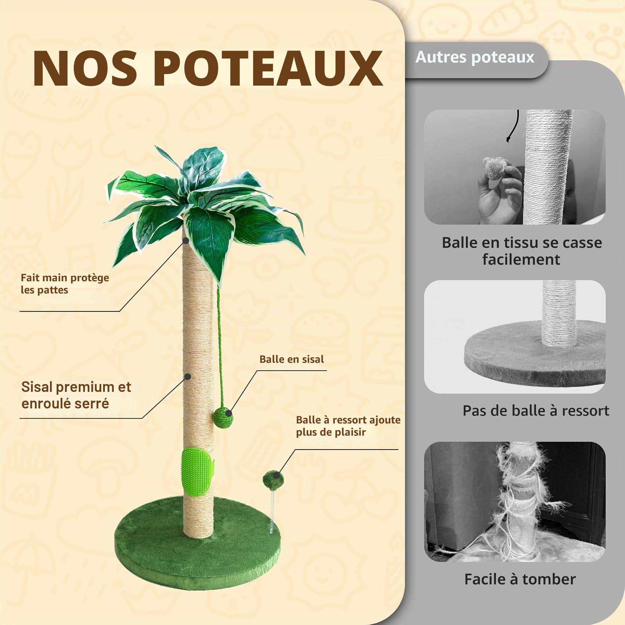 Fantasreen Griffoir pour Chat Griffoir à 84cm pour Chats d'intérieur avec Jouet pour Chat et Balle Interactive Auto-Groomer pour Chatons et Chats Adultes