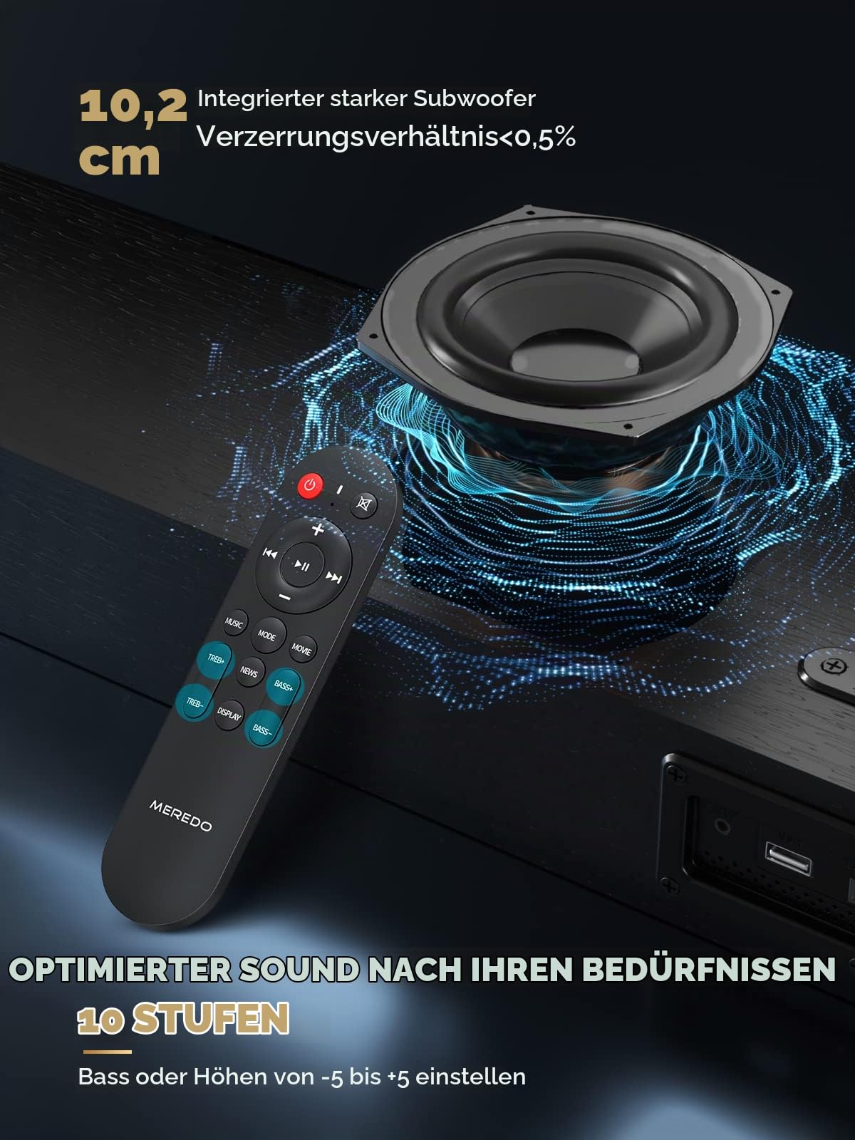 MEREDO Soundbar 2.1 Holz für TV Geräte 150W mit integriertem Subwoofer mit ARC Kable, Optisch, AUX, BT 5.0 5 EQ-Modi Lautsprecher Soundsystem für Fernseher für Heimkino-71cm