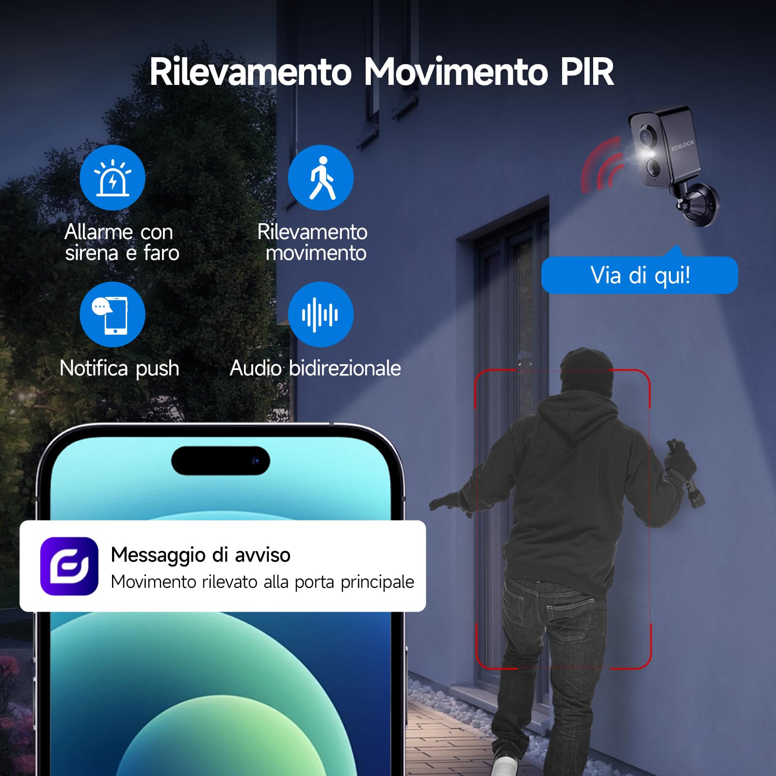 Telecamera WiFi Interno/Esterno, Videocamera Sorveglianza 2K 3MP Senza Fili Batteria Ricaricabile, Rotazione 300°, Rilevamento Umano PIR, Visione Notturna a Colori, Impermeabile IP65-Black
