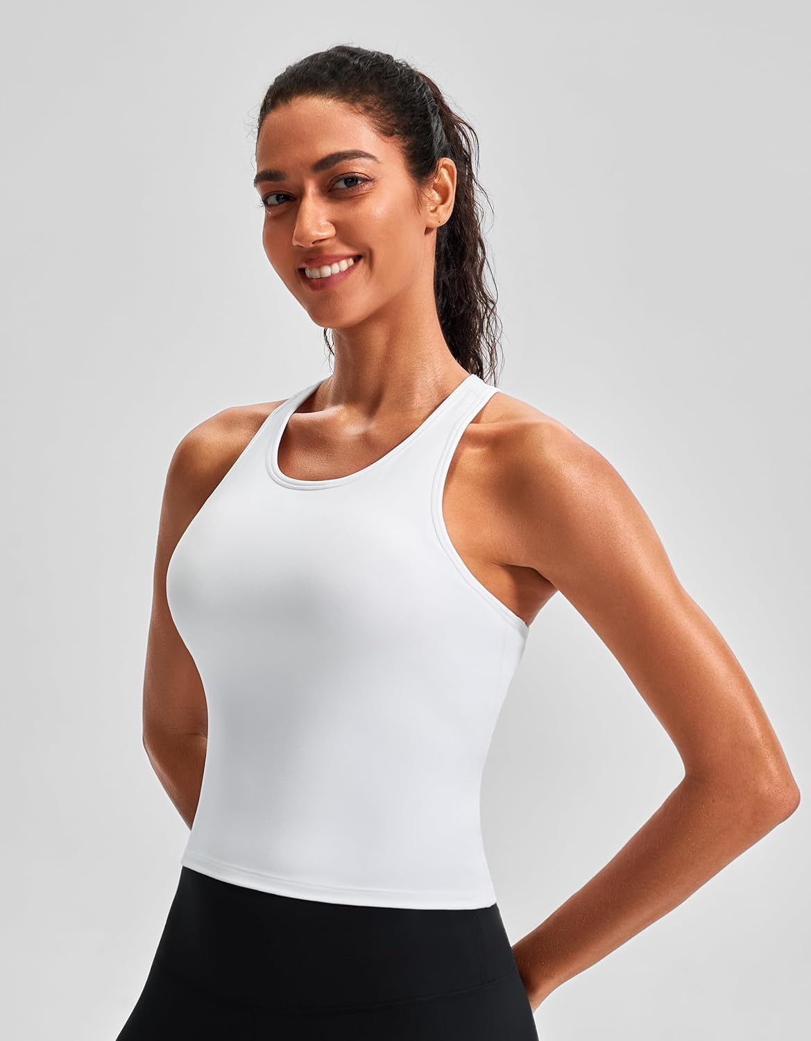 Smooth Workout Tops for Women Yoga Racerback Longline Padded Workout Tank Tops with Built in Bra - Image 2