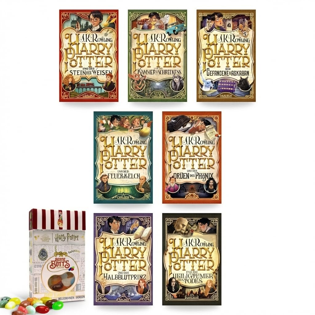 J. K. Rowling Harry Potter 20 Jahre Jubiläumsedition – Taschenbuch Bundle alle 7 Bände – komplette Romanreihe – inklusive Bertie Botts Bohnen 35g – magische Fantasy Bücher – Magie und Zauberei
