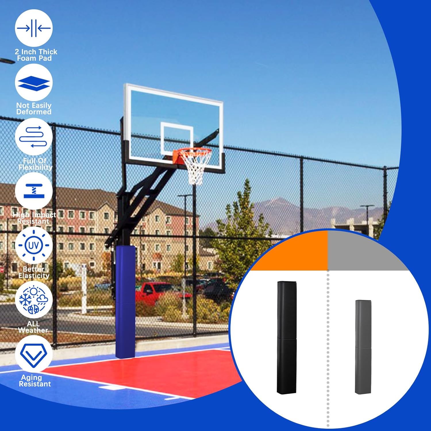 Square Pole Padding Basketball Pole Pads Deluxe Weatherproof Goal Padding Pole 2''/ 4'' Thick Basketball Hoop Pad Durable for Protection(Fit 4'' to 6'' Pole-6 Feet Tall)