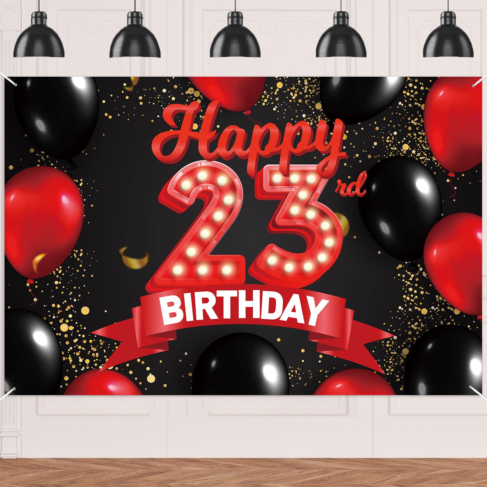 Happy 23rd Birthday Red and Black Banner Backdrop Decorations Balloons Theme Decor for Girls Women Princess 23 Years Old Birthday Party Bday Photo