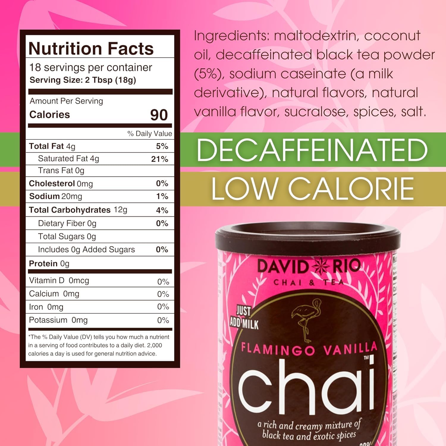 DAVID RIO Chai Flamingo Vanilla™ Decaf Reduced Calorie (Etichetta Ita) 337g