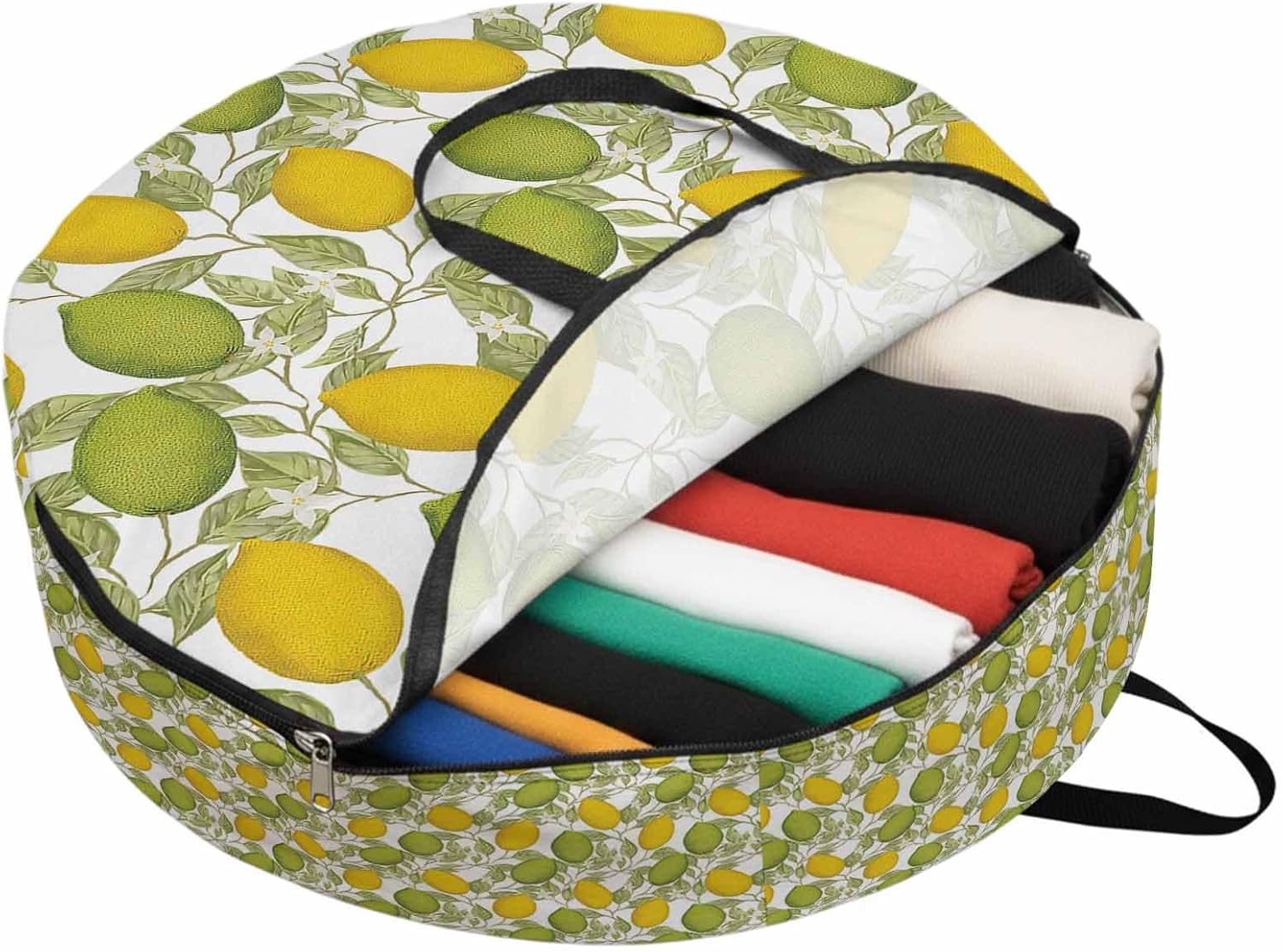 Lemon Summer Round Storage Bag 36 Inch, Plant Leaves Clothes Storage Container with Handles Heavy Duty Organizer for Comforter, Bedding & Holiday Wreaths