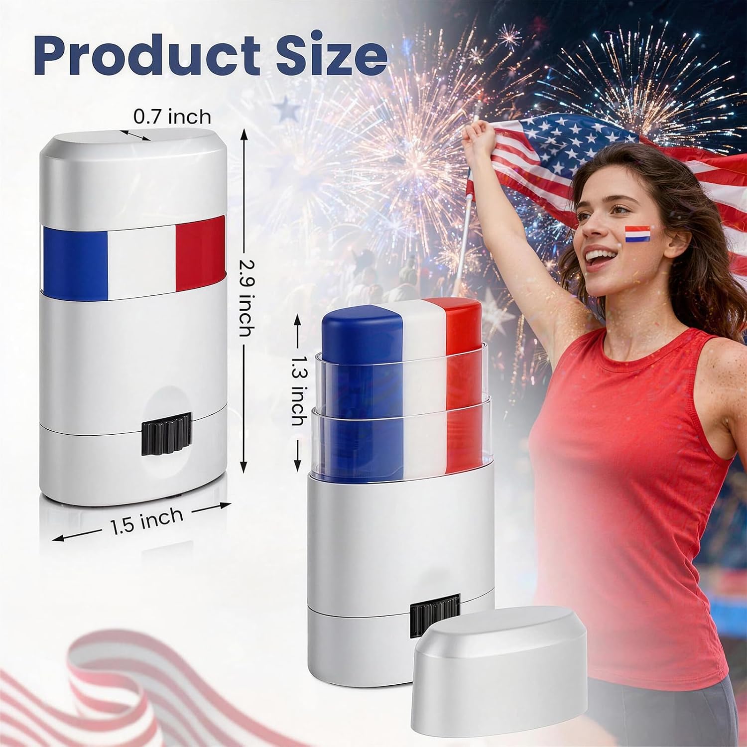 2pcs Red White Blue Face Paint Sticks - Sturdy Twist-Up Design No Break, USA Flag Color Stripe, w/ Temporary Tattoos for 4th of July, Baseball Eye Black, Sports Fan Body Paint for Adults