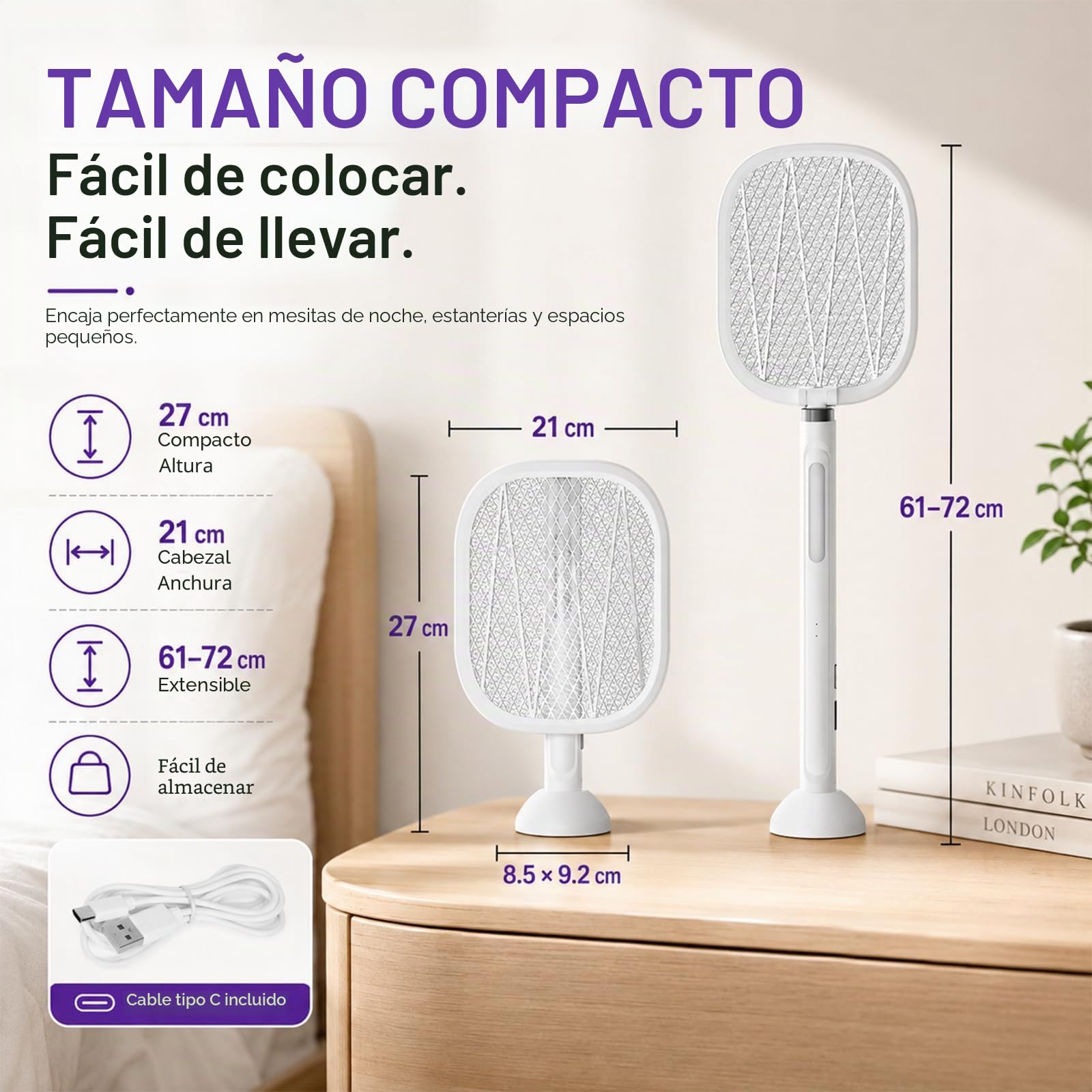 Raqueta Mosquitos Eléctrica Recargable USB-C (Pack de 2), 5000V Matamoscas Eléctrico 2 en 1 con Luz Nocturna, Cabezal Plegable 180° y Mango Telescópico 61-72 cm, 2000mAh, Mata Mosquitos para Interior