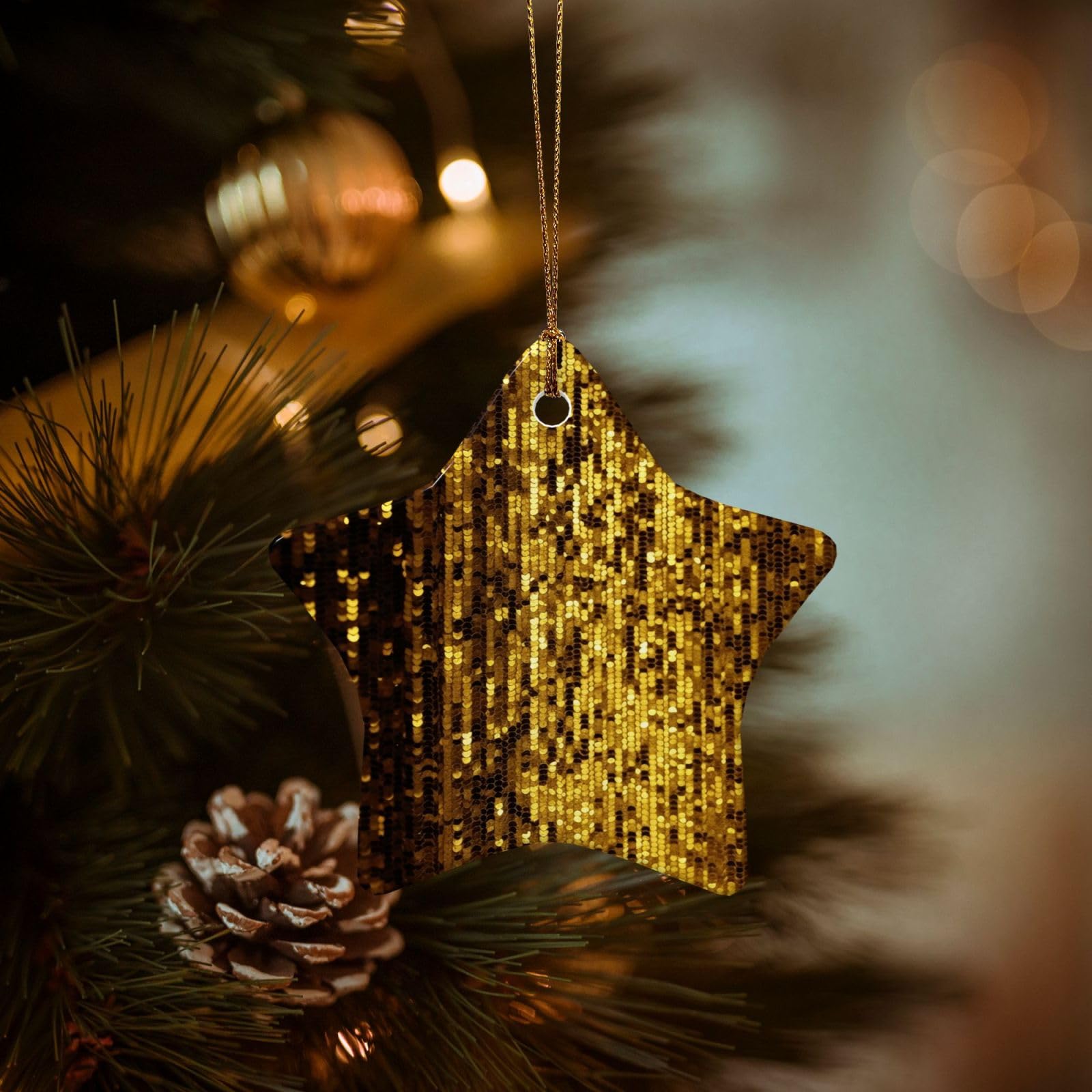 Christmas Ornaments for Christmas Tree Decoration Hanging Gold Sequin Sparkle Ornament with Gold Ribbon Crafts Star Shape Ceramic Pendant for Keepsake Gifts Xmas Decor Party Supplies