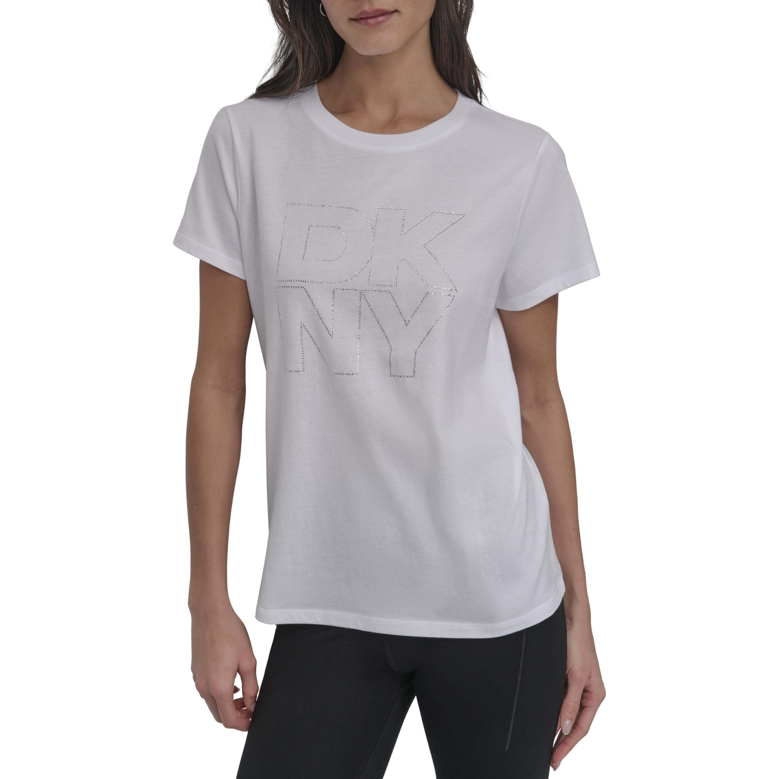 DKNY Stacked Rhinestone Outline Graphic Crew Neck tee T-Shirt for Women, White and Silver, S