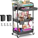 Goovilla 3 Tier Rolling Utility Cart Organizer with Removable Drawer, Stable and Sturdy Black Rolling Storage Carts with 2 Lockable Wheels for Bathroom, Kitchen, Snack, Craft, Makeup, Baby Essentials
