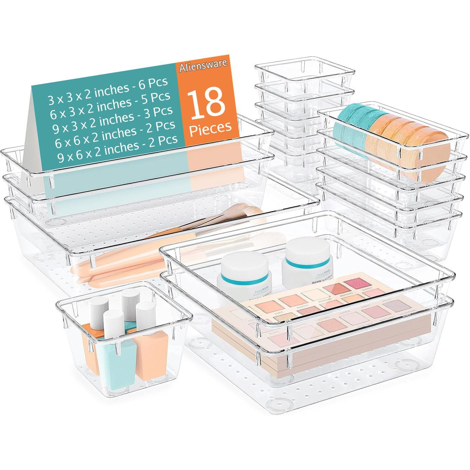 Aliensware 18Pcs Transparent Drawer Organizer, Versatile Bathroom and Vanity Organiser, Storage Bins for Makeup Cosmetics,Jewellery,Kitchen,Bathroom,Bedroom,Office,Gadgets