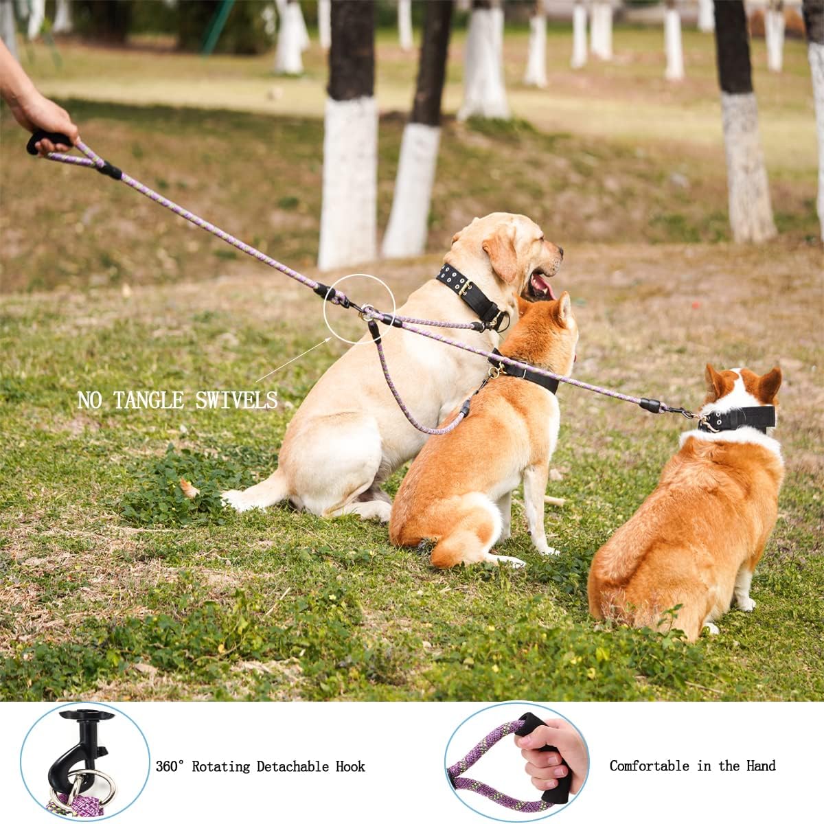 3 Dog Leash - Padded Handle, 360° Swivel Multiple Dog Leash No Tangle, Lead for Medium Large Dogs, Walking & Training Double Dogs (Purple Green)
