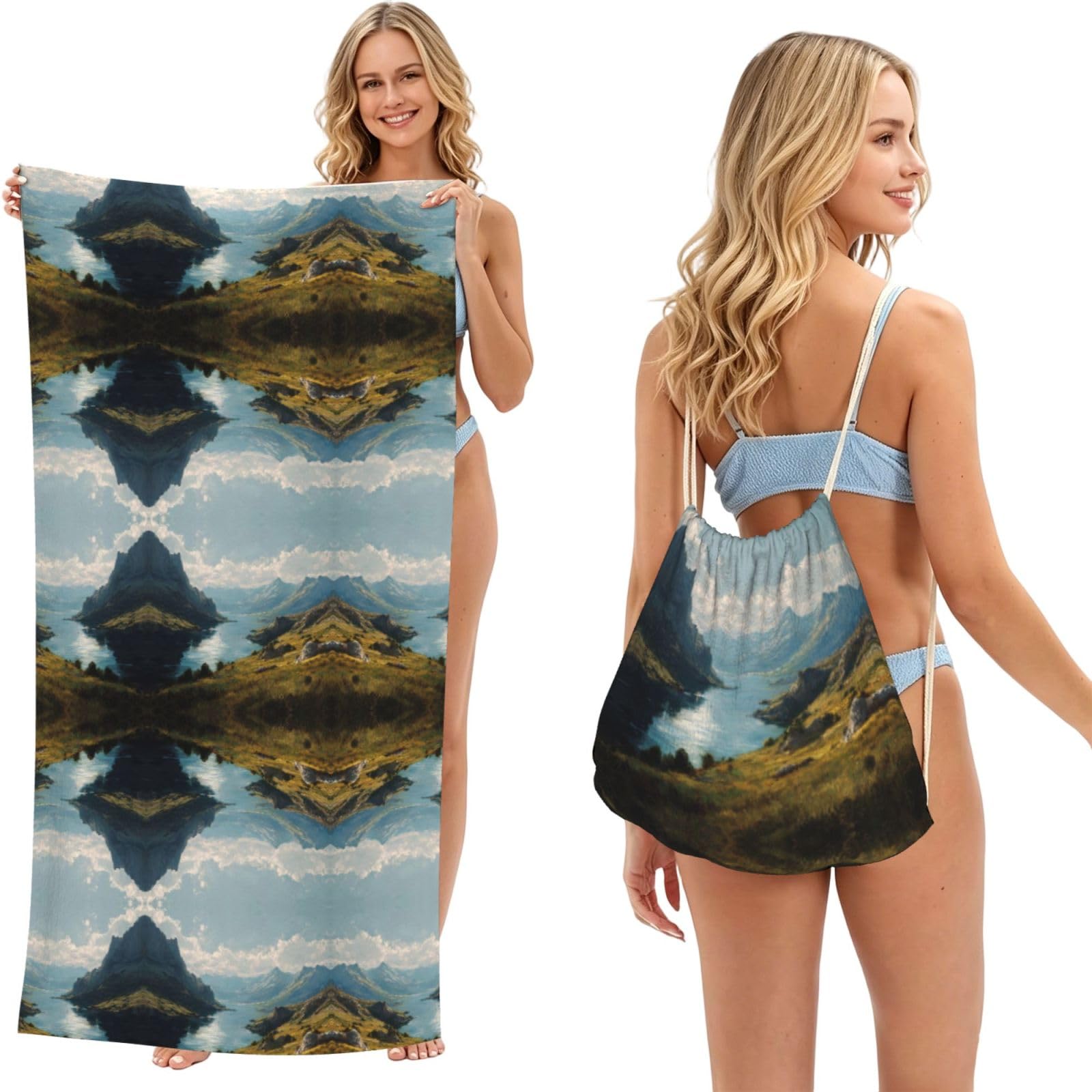 EZDLOWVBA Lakes And Mountains Print Beach Towel Backpack 2 In 1 Summer Large Lightweight Beach Towel - Multifunctional Ship Pattern Towel Bag For Storage,Sport
