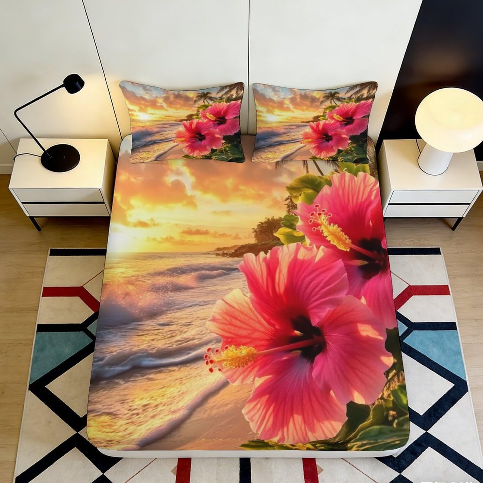 3D Printed Tropical Sunset Fitted Sheet Microfiber Pink Hibiscus Bed Cover for Bedroom Dorm Mattress Protection Decor 90x200x25cm