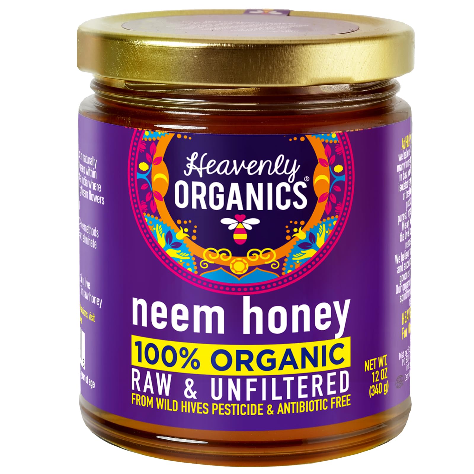 Heavenly Organics 100% Organic Raw Neem Honey 3 Pack - Size 12Oz/Jar Lightly Filtered to Preserve Vitamins, Minerals and Enzymes; Made from Wild Beehives & Free Range Bees, Dairy, Nut, Gluten Free, Kosher, Chemical , Antibiotic and Glyphosate free