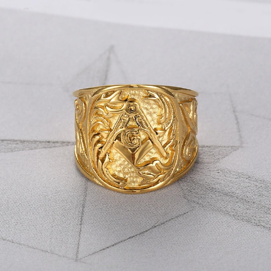 Gold Retro Masonic Ring for Men Classic Freemason Symbol Band Ring, Masonic Floral Ring Stylish Mason Ring Men’s Vintage Masonic Compass Jewelry Rock Master Masonic Signet Ring - Image 4