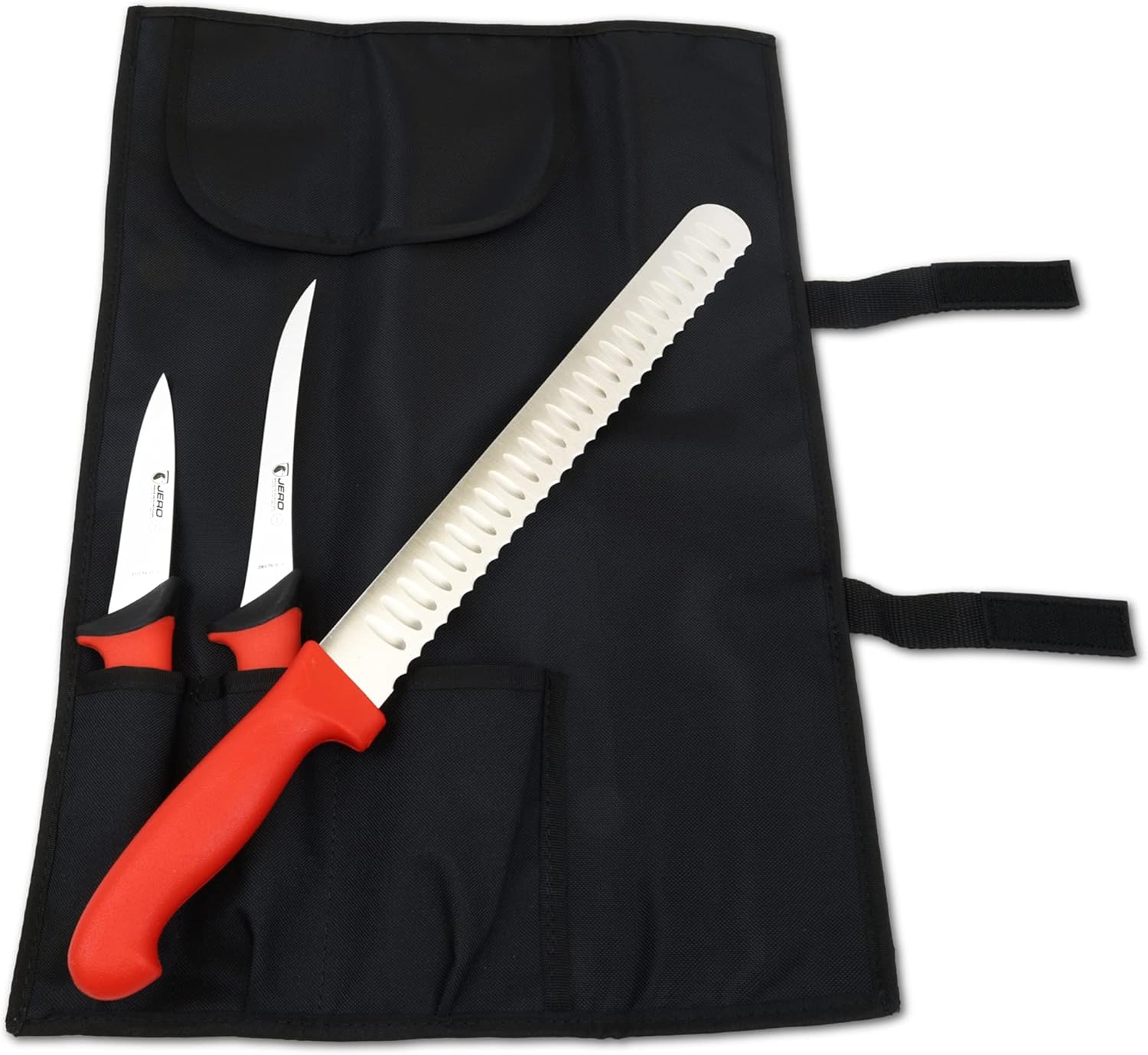 Buy 2 get 3 Jero 4 Piece Smoked Meat And Grilling Knife Set - Jero Exclusive Wide Blade Granton Edge Slicer - 6 Boning Knife - 4 Utility Knife - Comes with Knife Roll - Made in Portugal