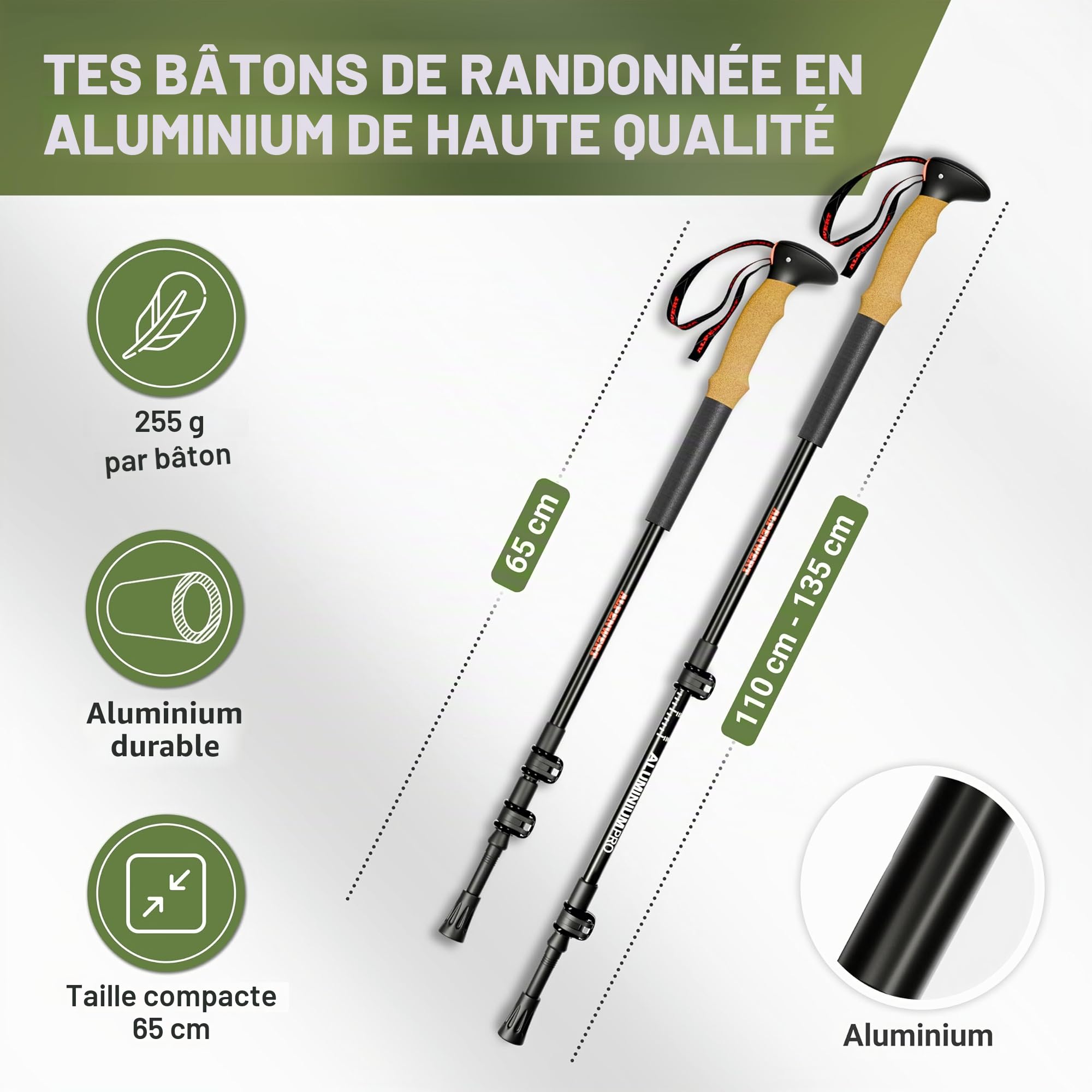 ALPENWERT Bâtons de randonnée [carbone ou aluminium] Bâtons de marche pour homme et femme – Bâtons de trekking télescopiques avec poignée en liège pour la randonnée, la marche nordique et les