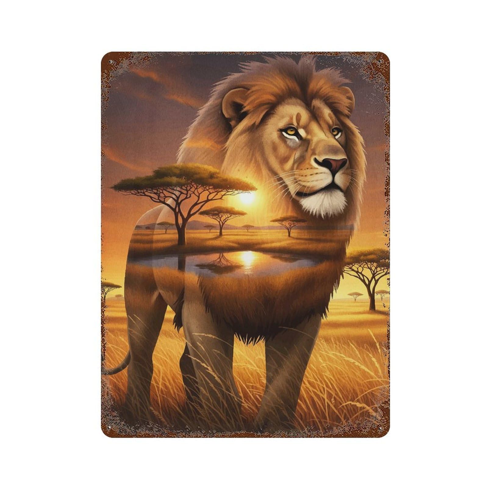 Lion Savannah Landscape Rusty Metal Tin Sign 15.7"x11.8", Farmhouse Wall Decor for Farmhouse, Kitchen And Entryway Decor