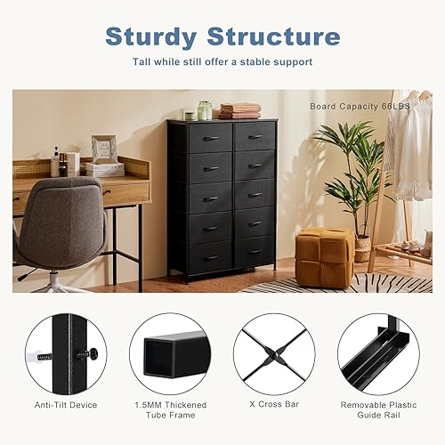 Vista 129 de DUMOS Cómoda para dormitorio, 4 cajones, organizador de cofres altos de tela, muebles de torre con marco de metal superior de madera para sala