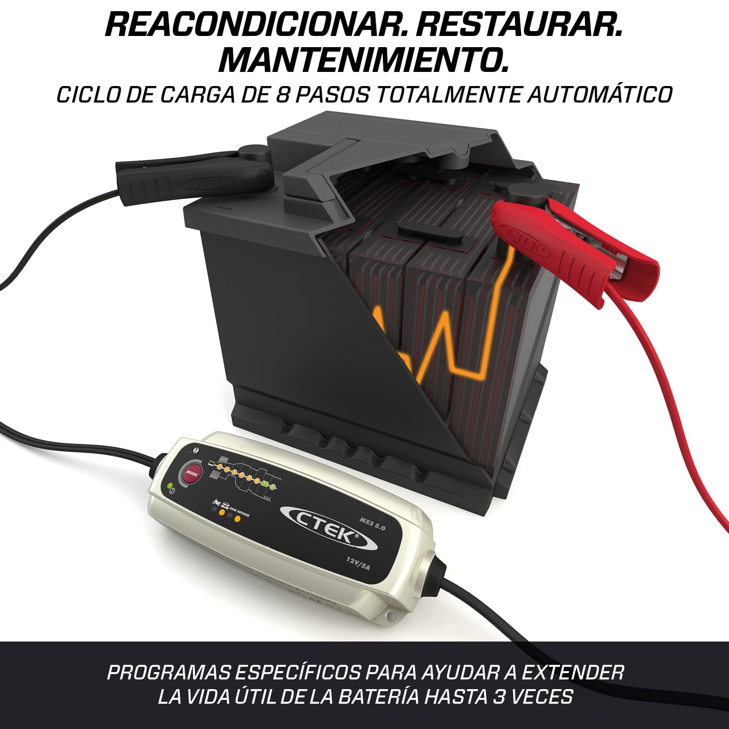 CTEK MXS 5.0, Cargador Batería 12V 5A con Compensación De Temperatura Incorporada, Cargador De Batería De Coche Y Moto, Cargador Inteligente Baterias, Mantenedor De Batería con Opción De AGM Dedicada