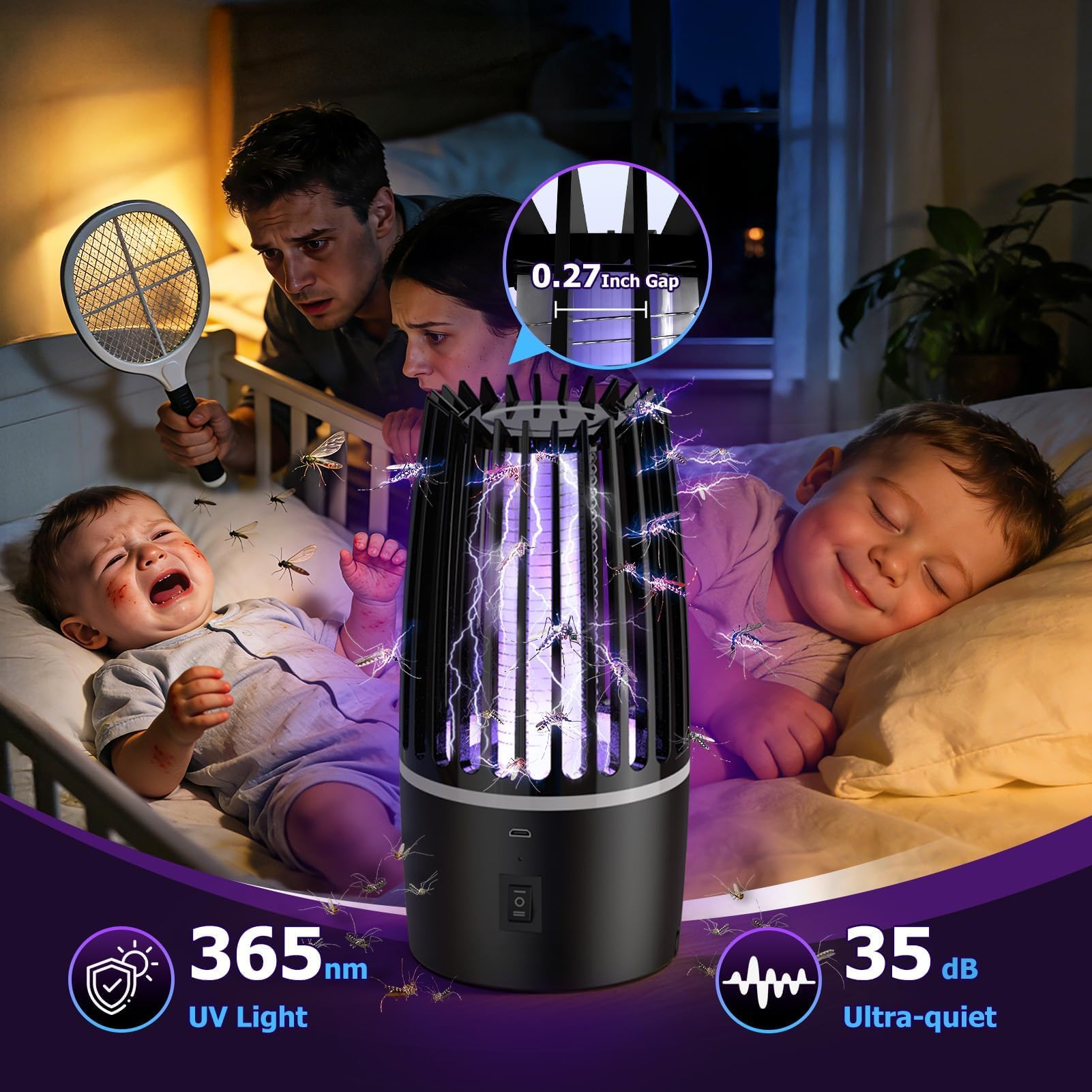 Lampada Antizanzare Elettrica UV 365nm, Ammazza Zanzare Elettrico 4000mAh, Zanzariera Elettrica da Interno ed Esterno, Lampada Antizanzare da Esterno e Interno