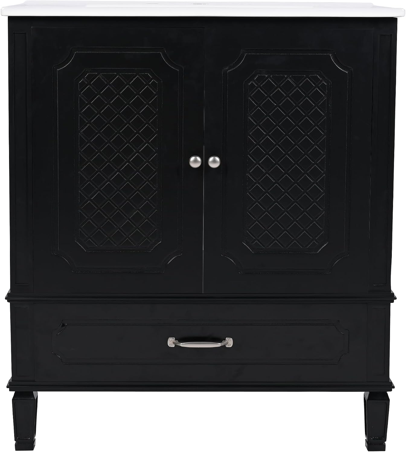 Christopher Knight Home Kayon 30" Bathroom Vanity with Ceramic Sink, Wood Frame, Storage Cabinet with Door Organizers, Toilet Display, Adjustable Shelf and 1 Drawer, Soft-Closing Door, Black