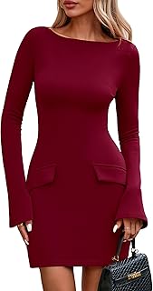 Womens Fall Long Sleeve Mini Dress 2025 Trendy Boat Neck Bodycon Knit Elegant Short Party Formal Dresses