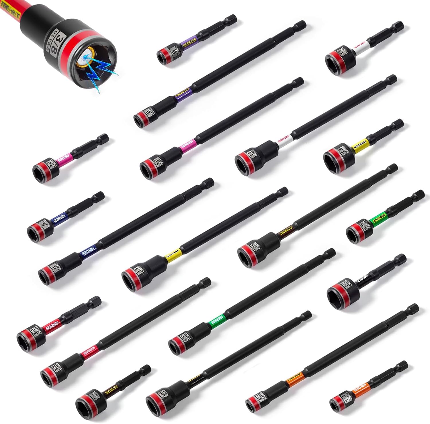 Geinxurn Impact Nut Driver Set, 20 Pieces 2.56”6”Long 6mm/8mm/10mm/ 11mm/13mm 1/4”5/16”3/8”7/16”1/2”6 Point Alloy Steel Magnetic Metric/SAE Nut Setter 1/4 Hex Shank Impact Driver with Case Box
