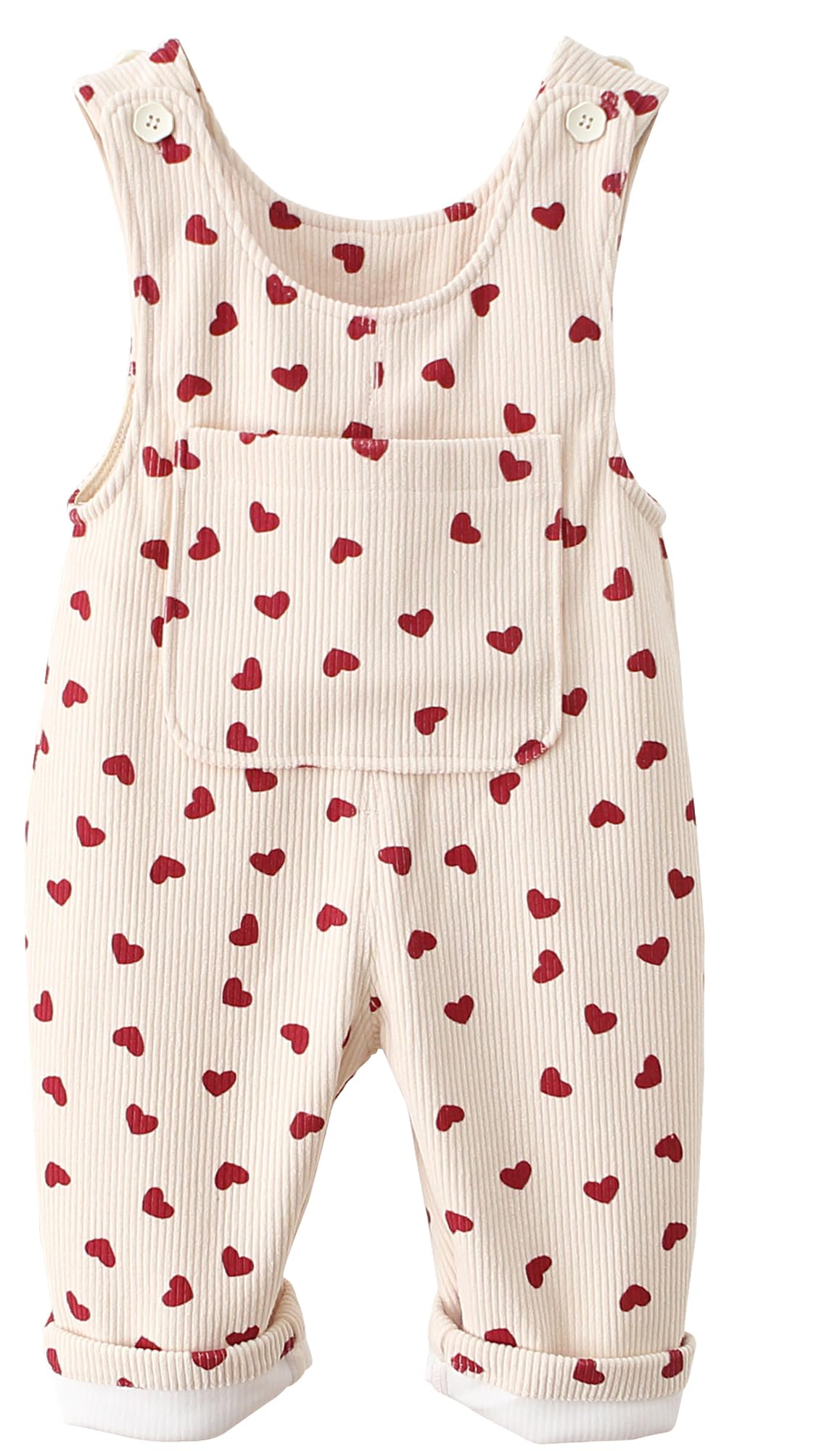 Happy Cherry Salopette Bambina in Velluto a Coste Bimba Tuta Pantaloni con Bottoni Bretelle Comodo Cotone Pagliaccetto Senza Maniche con Stampa a Cuore Taglia 12 Mesi - 3 Anni