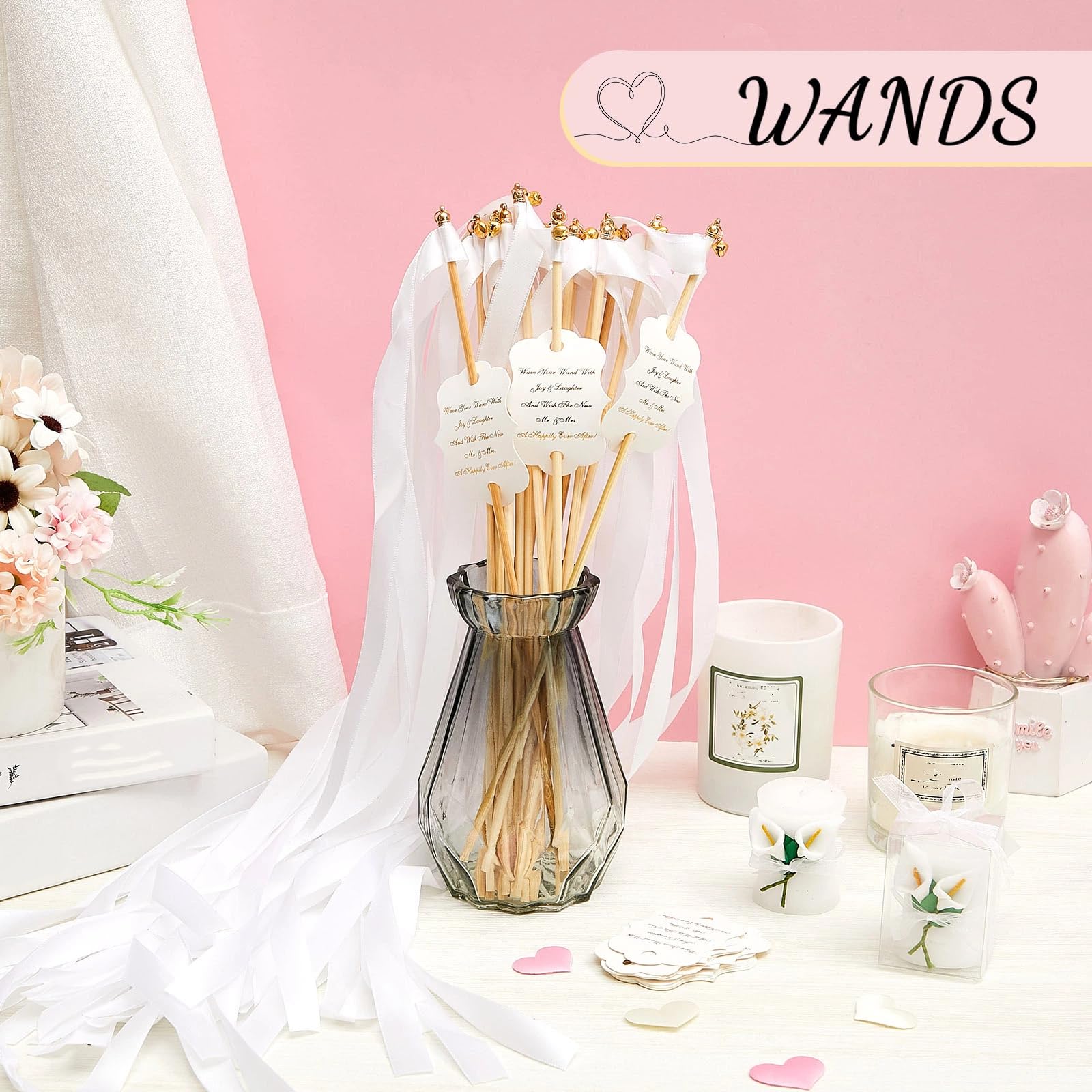 Janinka 200 Sets Hochzeits-Stäbe mit Stäben und Glocken, Großpackung Schleifenband, Tänzer-Stäbe, Wunderkerzen, Hochzeitsgeschenke, Luftschlangen, Party-Dekorationen, Weiß