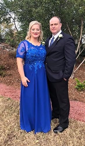 Miniatura 6 de MildApril Apliques de encaje Vestidos de madre de la novia de manga corta vestidos de noche de gasa vestidos de noche de cuello bateau con cuentas