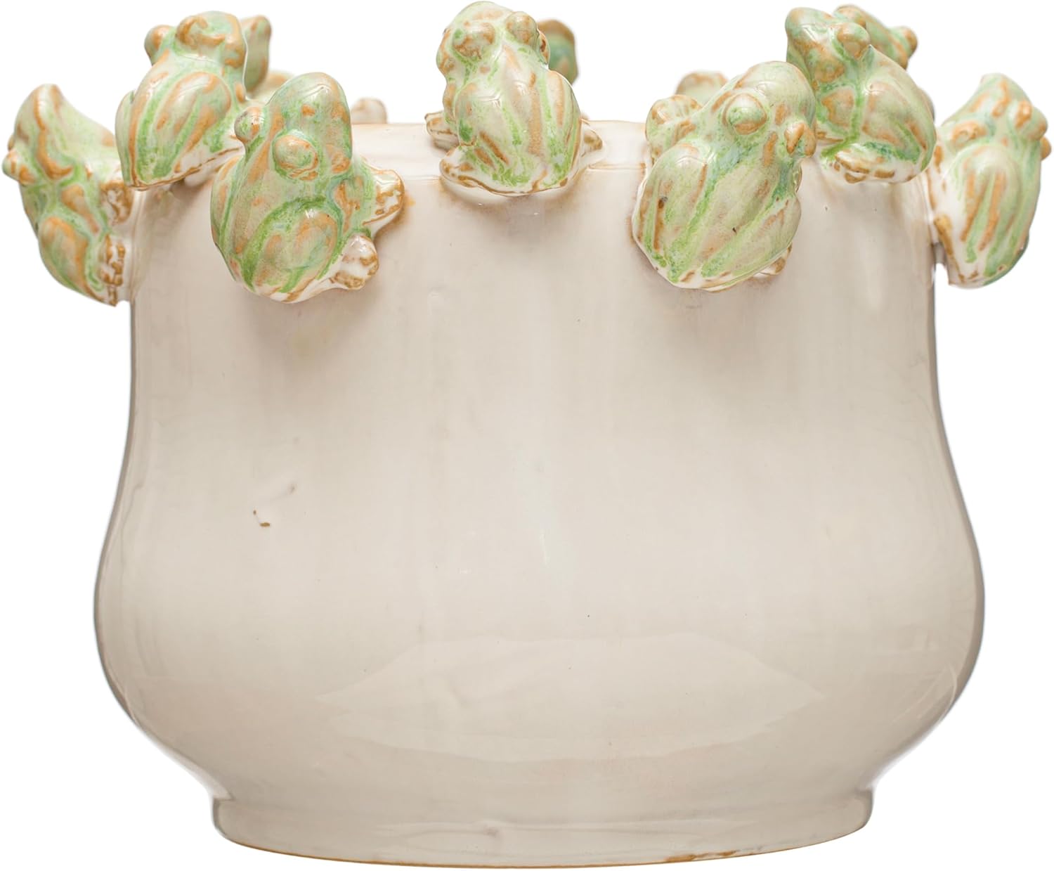Creative Co-Op Stoneware Planter with Frogs on Rim and Reactive Glaze, Green and White