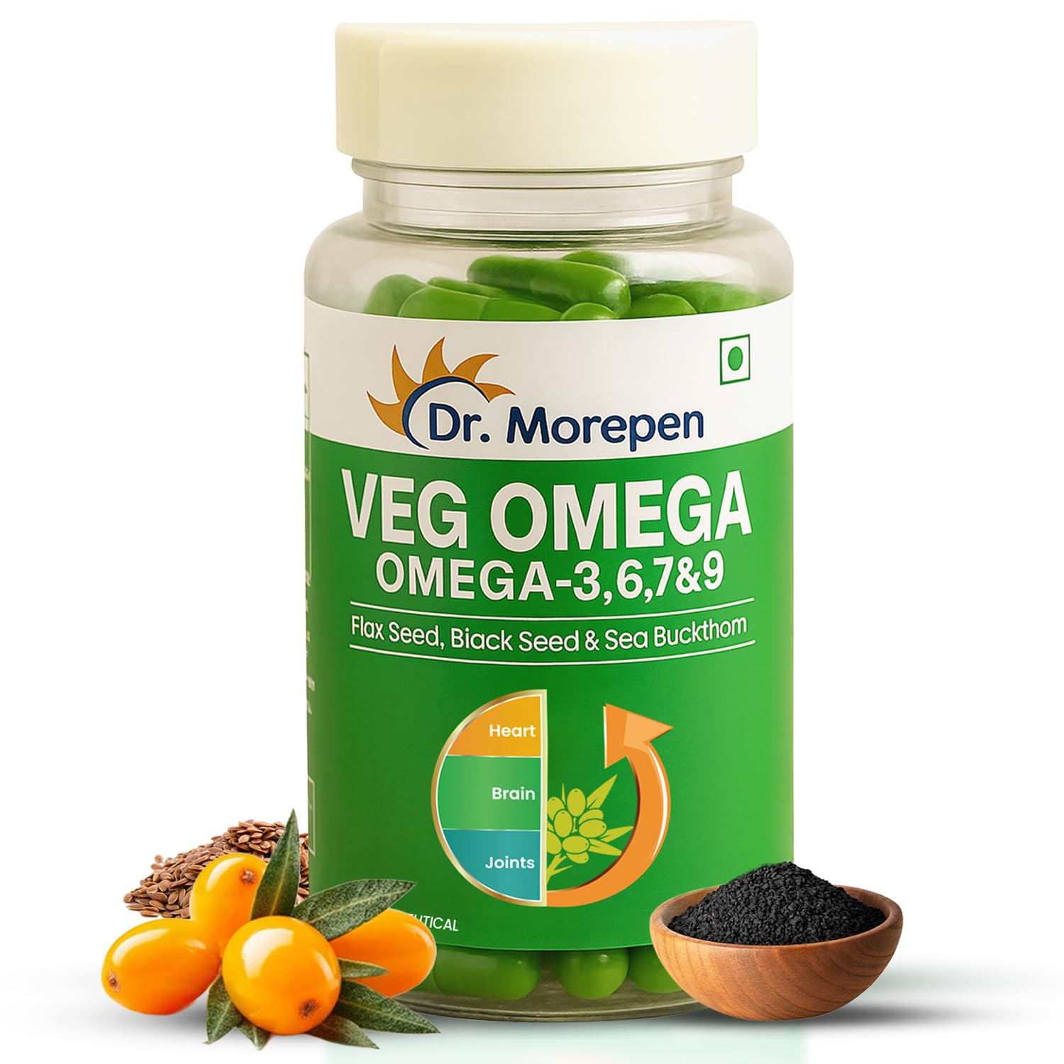 DR. MOREPEN Veg Omega 3 6 7 9 Capsules 500mg with Sea Buckthorn, Flax Seed & Black Seed, Plant-Based Omega Fatty Acids for Heart, Skin & Joint Health – 60 Veg Capsules