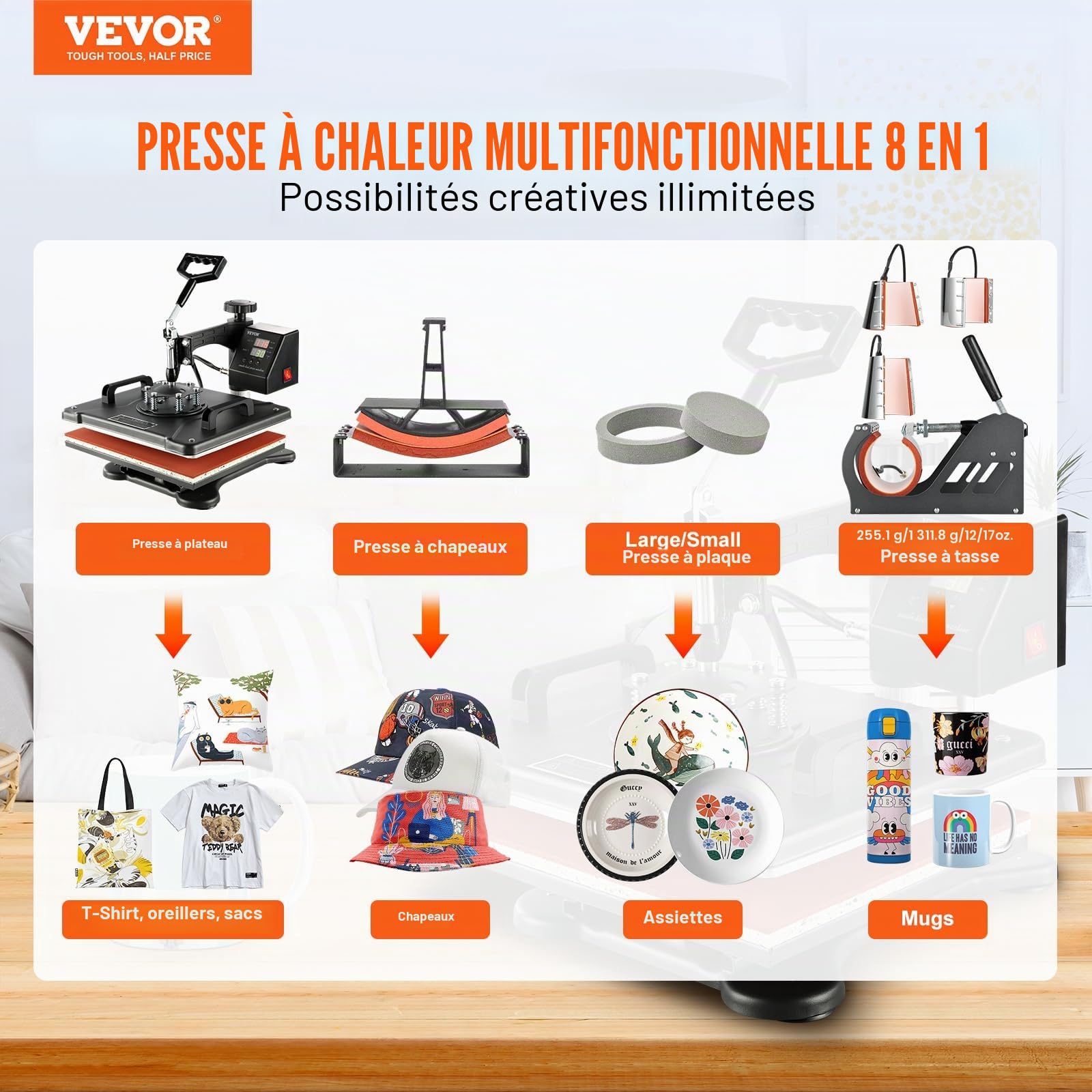 VEVOR Presse à Chaud Numérique 8 en 1, Machine de Sublimation Textile avec Plaque Chauffante de 29x38 cm, pour DIY T-shirts Mugs Casquettes et Assiettes, Presse à Imprimer Multifonctionnelle