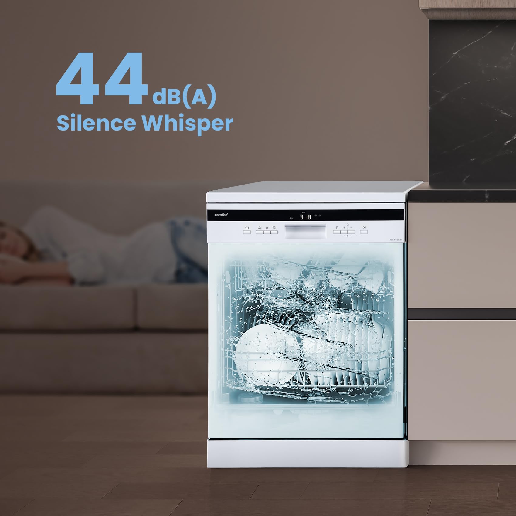 COMFEE' FD1435E-W Lave-vaisselle Pose Libre 14 Couverts, 60 cm, 44 dB | 8 Programmes, Ouverture Automatique, Départ différé, Demi-Charge, Paniers Flexibles, Séchage Intensif, Blanc