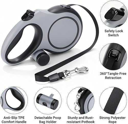 Miniatura 4 de Segarty Correa para caminar de 26 pies con soporte para bolsa de excrementos para perros de hasta 110 libras, correa retráctil con mango