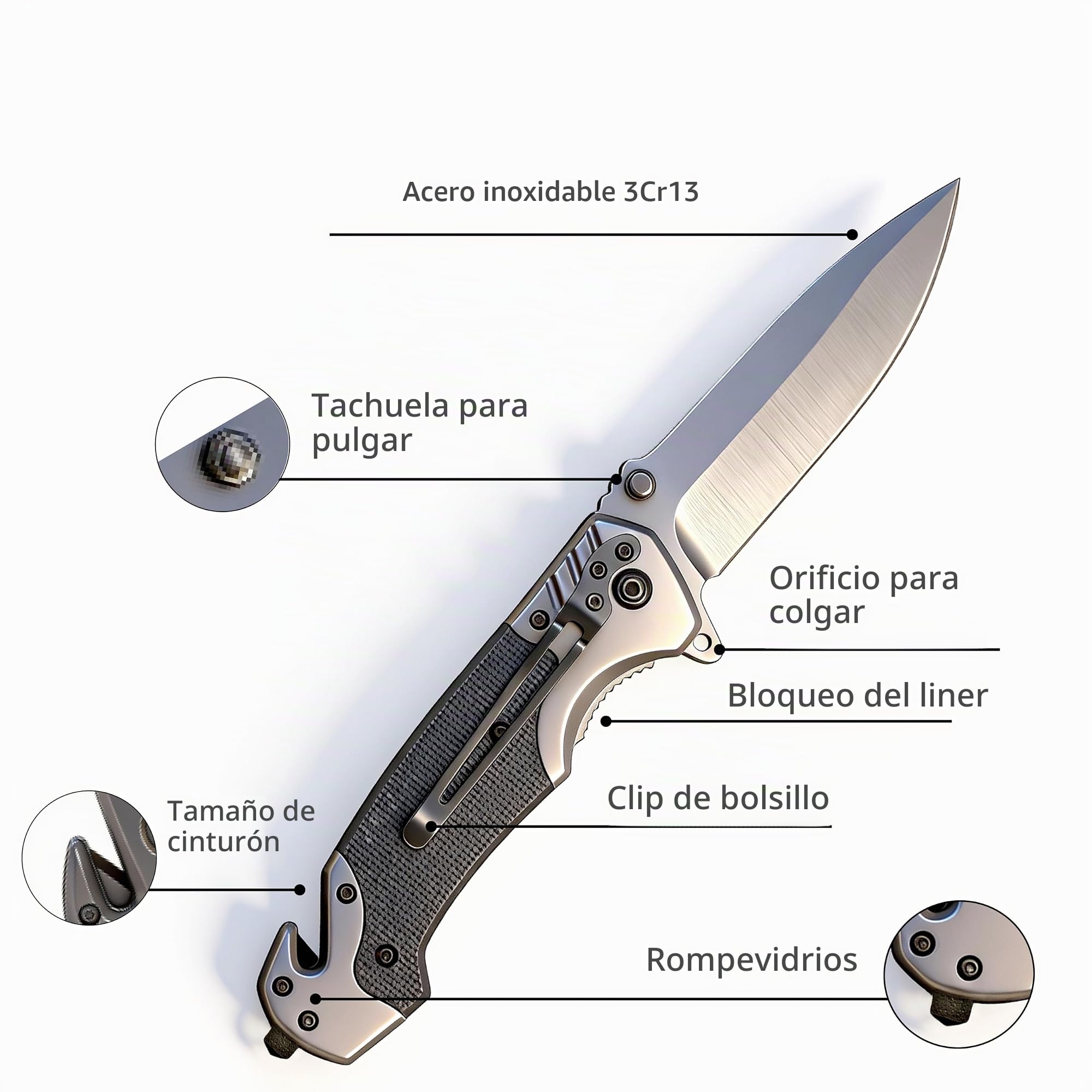 Navaja plegable, longitud total 22,5 cm - Navaja afilada para actividades al aire libre y supervivencia con hoja de acero inoxidable de 10 cm. Incluye clip para cinturón y funda.