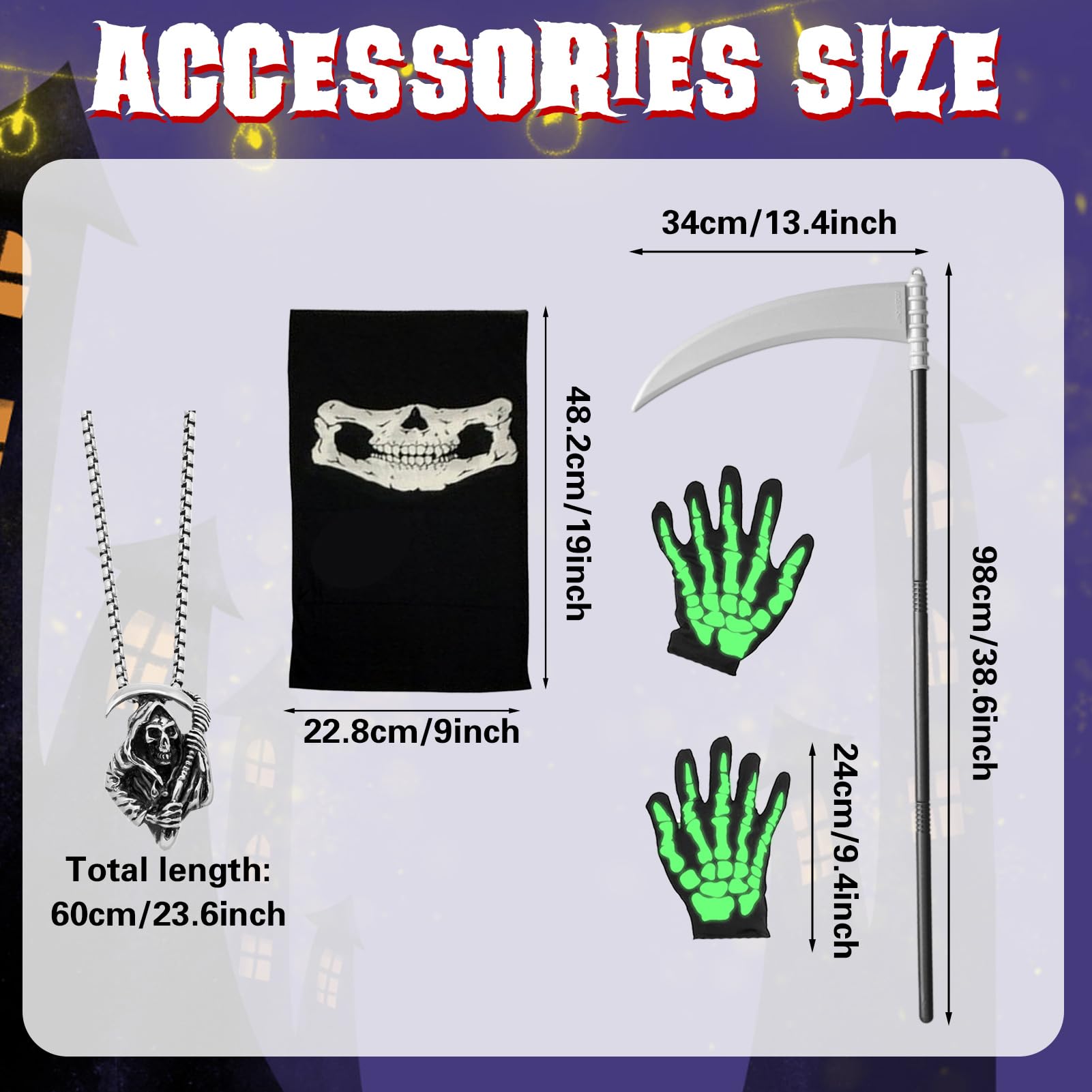 Moerstar Grim Reaper Costume for Kids Black Halloween Costume Set including Cape, Scythe, Hood, Gloves, Scythe Chain - Image 2